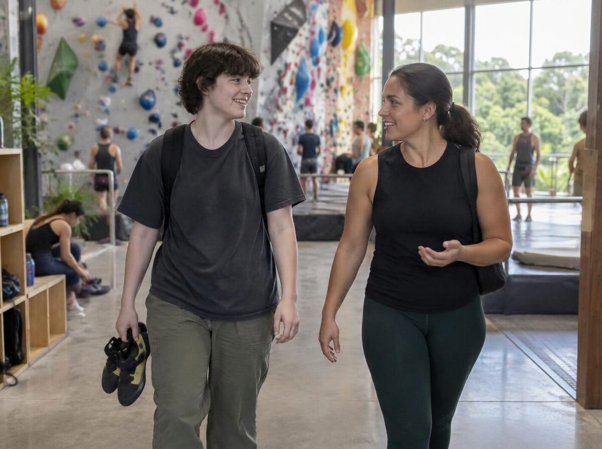 A young adult and a support worker walking into a climbing gym, chatting