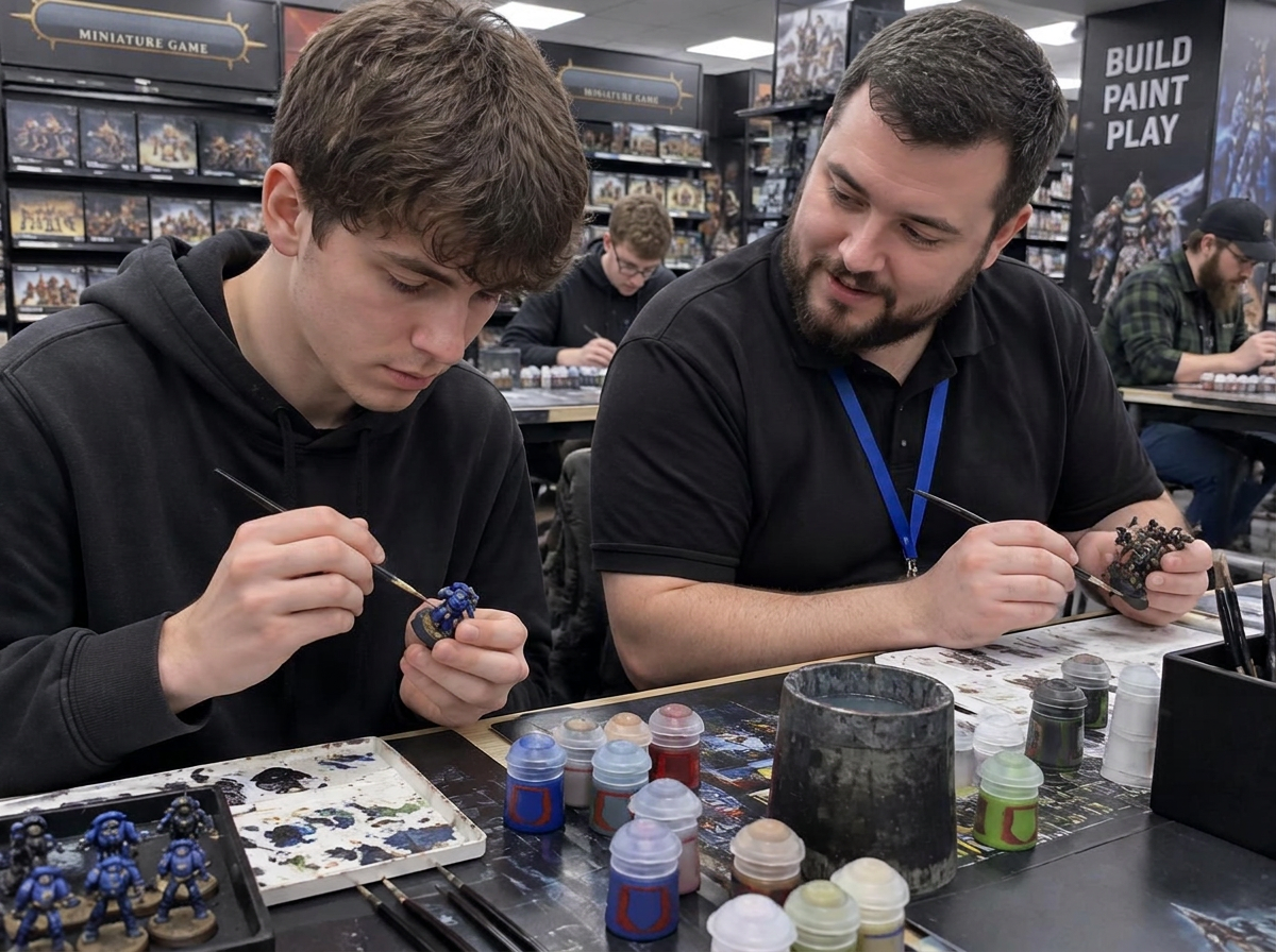 A young man painting miniatures beside a support worker at a hobby night