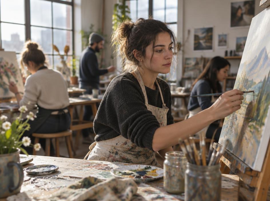 A young adult painting at an easel in a community art studio