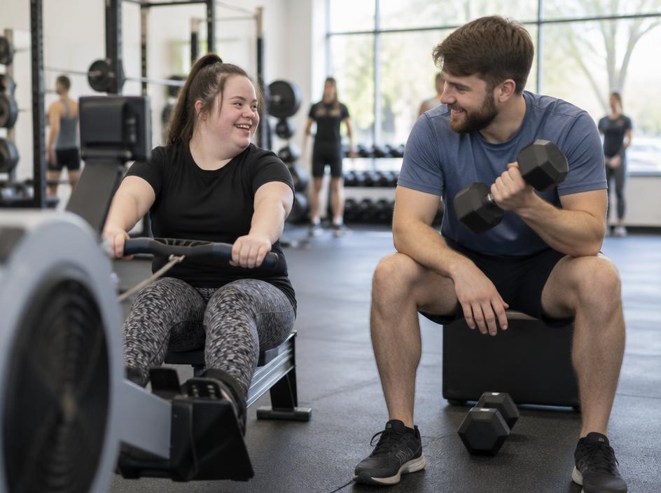A young woman on a rowing machine chatting with a male support worker in a community gym