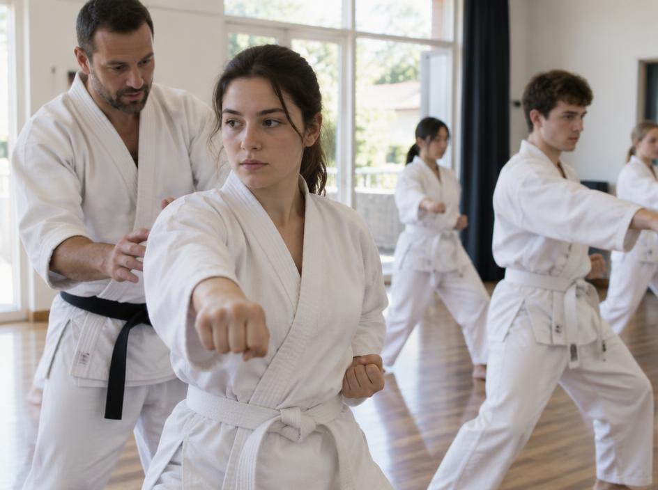 A young adult practising in a community martial arts class