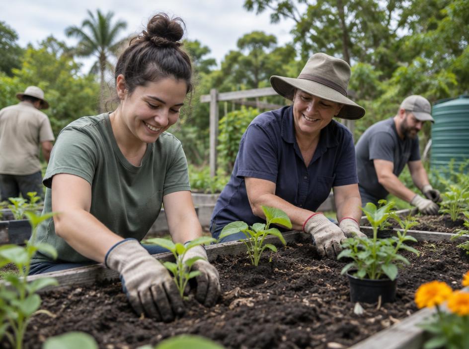 People planting seedlings together at a community garden