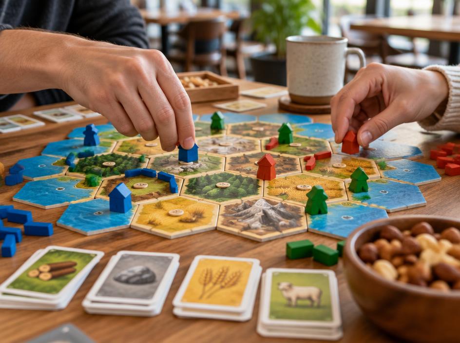 Players placing wooden pieces on a colourful board game