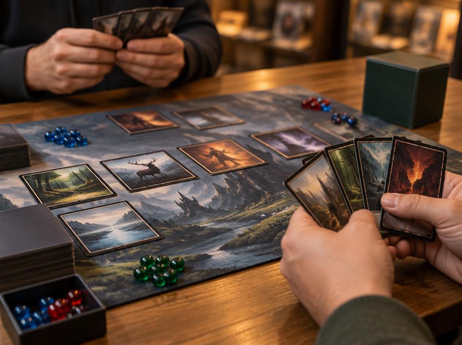 Two players holding fanned cards over a playmat in a game store