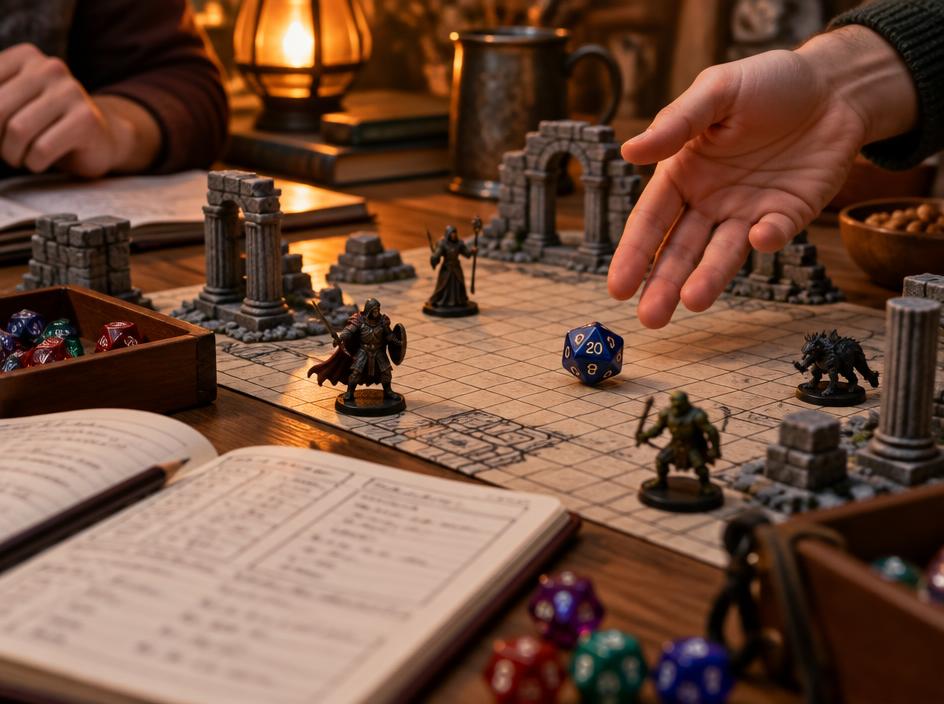 Young adults rolling dice together around a tabletop role-playing game
