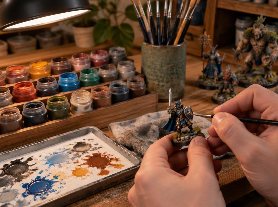 A hand painting fine detail on a miniature beside rows of paint pots