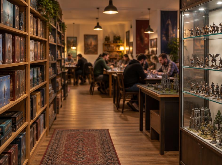 A local hobby game store on games night with people playing at long tables