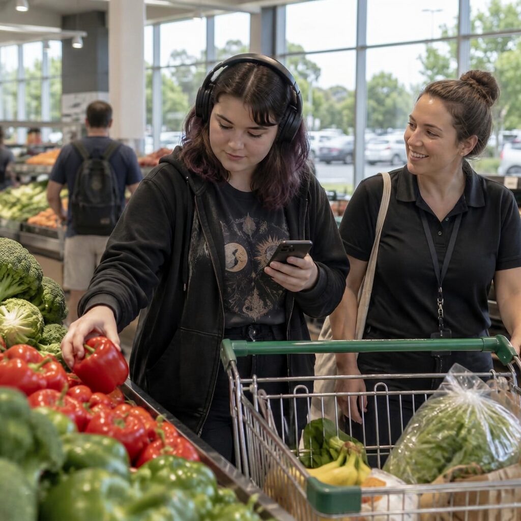 A young woman choosing vegetables from her shopping list while a support worker walks beside her