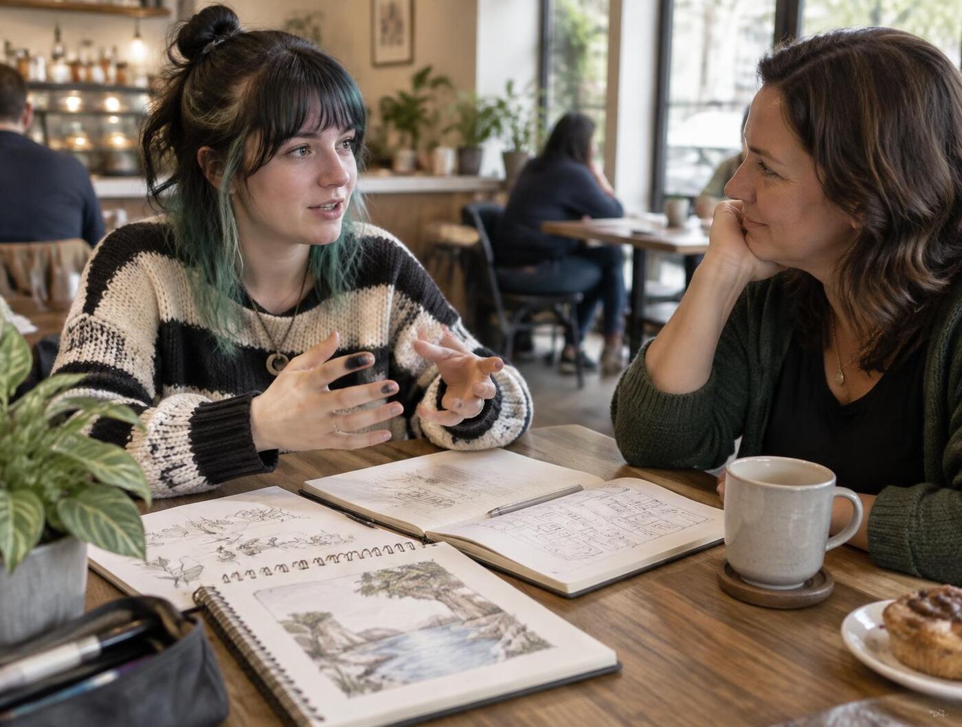 A young woman sharing her sketchbook plans with a support worker over coffee